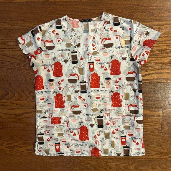 LOVE YOU LATTE Scrub Top Ladies  V-Neck 2 Pocket Scrub Top Size Small Coffee - Picture 10 of 11